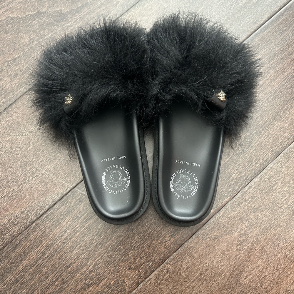 Versace Kids Black Faux Fur Slides